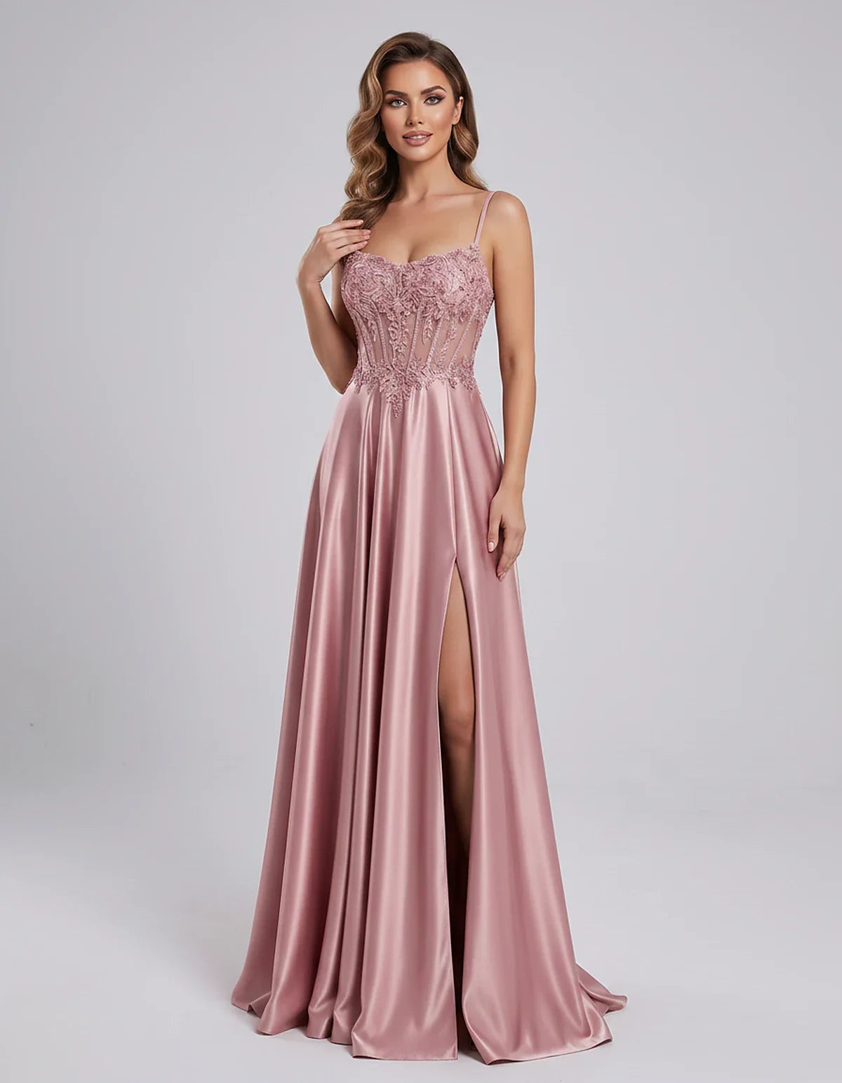 Satin Lace Applique Spaghetti Strap Sweetheart A-Line Maxi Dress for Party, Cocktail, Evening, Wedding Guest & Summer Events, | SKU: VMD-582741963852741-DUSTYPINK-L,VMD-582741963852741-DUSTYPINK-M,VMD-582741963852741-DUSTYPINK-S,VMD-582741963852741-DUSTYPINK-XL,VMD-582741963852741-DUSTYPINK-XS