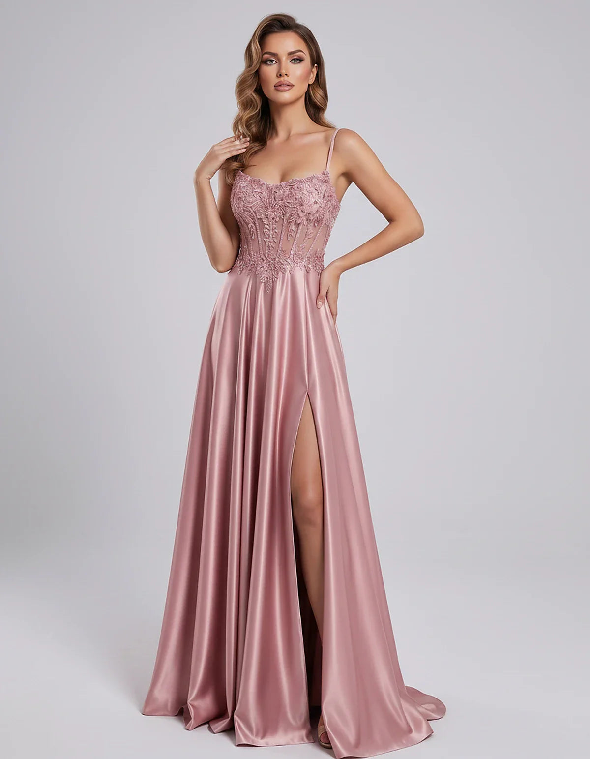 Satin Lace Applique Spaghetti Strap Sweetheart A-Line Maxi Dress for Party, Cocktail, Evening, Wedding Guest & Summer Events, | SKU: VMD-582741963852741-DUSTYPINK-L,VMD-582741963852741-DUSTYPINK-M,VMD-582741963852741-DUSTYPINK-S,VMD-582741963852741-DUSTYPINK-XL,VMD-582741963852741-DUSTYPINK-XS