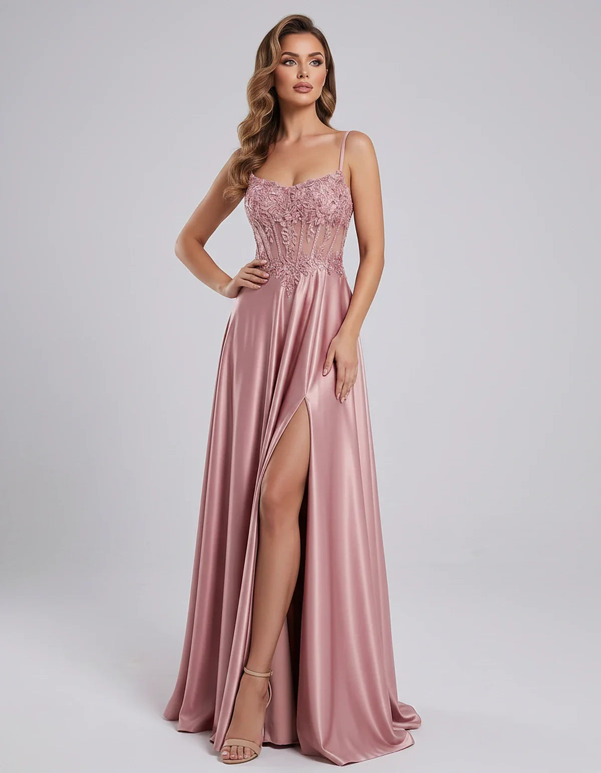 Satin Lace Applique Spaghetti Strap Sweetheart A-Line Maxi Dress for Party, Cocktail, Evening, Wedding Guest & Summer Events, | SKU: VMD-582741963852741-DUSTYPINK-L,VMD-582741963852741-DUSTYPINK-M,VMD-582741963852741-DUSTYPINK-S,VMD-582741963852741-DUSTYPINK-XL,VMD-582741963852741-DUSTYPINK-XS