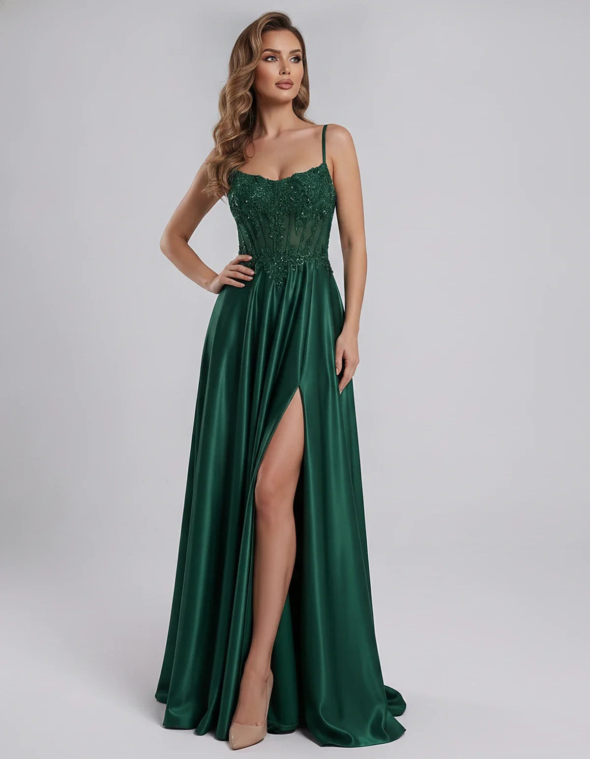 Satin Lace Applique Spaghetti Strap Sweetheart A-Line Maxi Dress for Party, Cocktail, Evening, Wedding Guest & Summer Events, | SKU: VMD-582741963852741-EMERALD-L,VMD-582741963852741-EMERALD-M,VMD-582741963852741-EMERALD-S,VMD-582741963852741-EMERALD-XL,VMD-582741963852741-EMERALD-XS