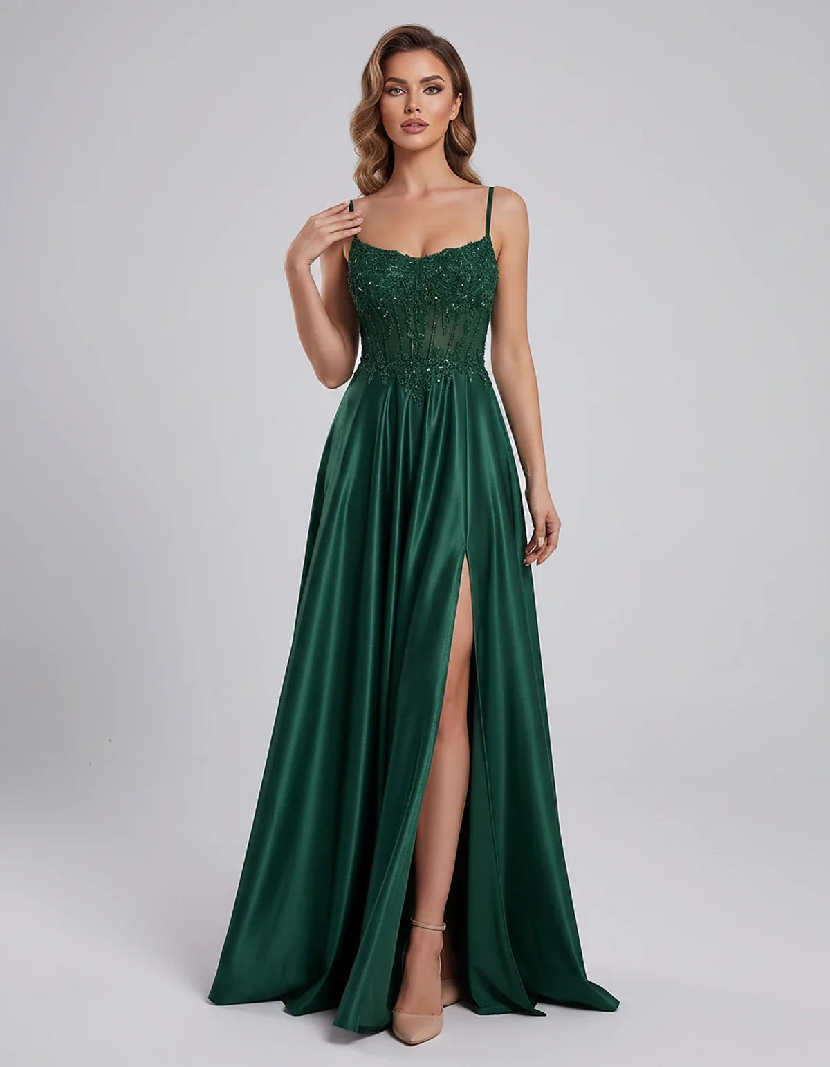 Satin Lace Applique Spaghetti Strap Sweetheart A-Line Maxi Dress for Party, Cocktail, Evening, Wedding Guest & Summer Events, | SKU: VMD-582741963852741-EMERALD-L,VMD-582741963852741-EMERALD-M,VMD-582741963852741-EMERALD-S,VMD-582741963852741-EMERALD-XL,VMD-582741963852741-EMERALD-XS