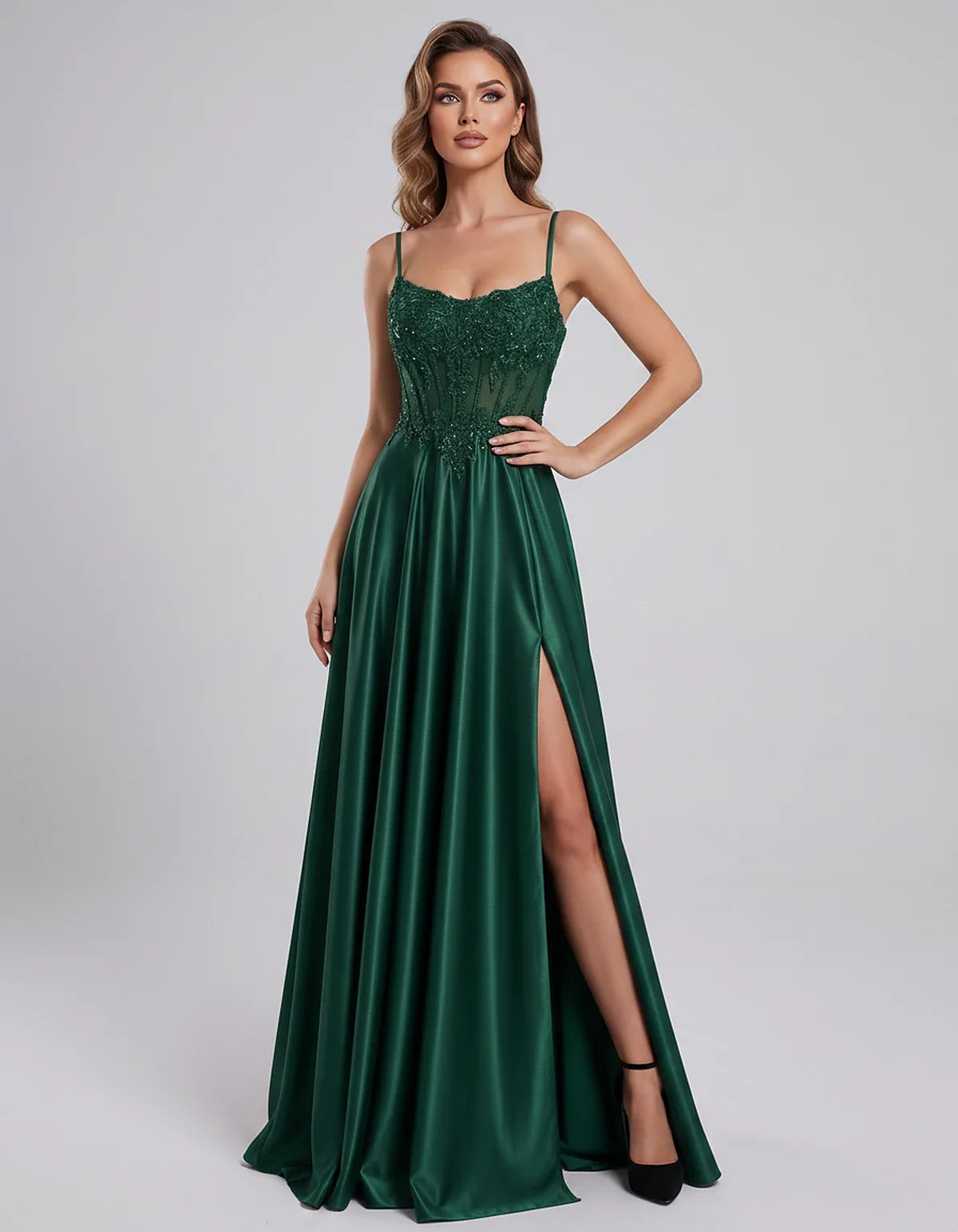 Satin Lace Applique Spaghetti Strap Sweetheart A-Line Maxi Dress for Party, Cocktail, Evening, Wedding Guest & Summer Events, | SKU: VMD-582741963852741-EMERALD-L,VMD-582741963852741-EMERALD-M,VMD-582741963852741-EMERALD-S,VMD-582741963852741-EMERALD-XL,VMD-582741963852741-EMERALD-XS