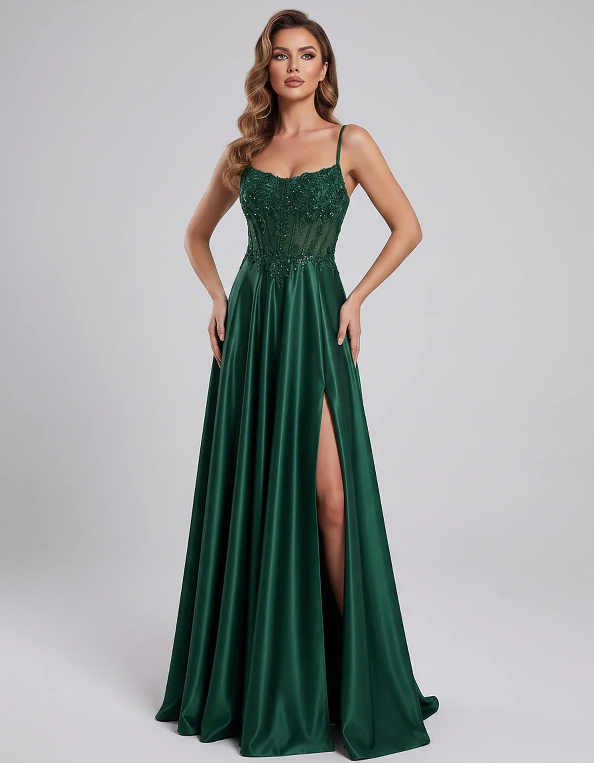 Satin Lace Applique Spaghetti Strap Sweetheart A-Line Maxi Dress for Party, Cocktail, Evening, Wedding Guest & Summer Events, | SKU: VMD-582741963852741-EMERALD-L,VMD-582741963852741-EMERALD-M,VMD-582741963852741-EMERALD-S,VMD-582741963852741-EMERALD-XL,VMD-582741963852741-EMERALD-XS