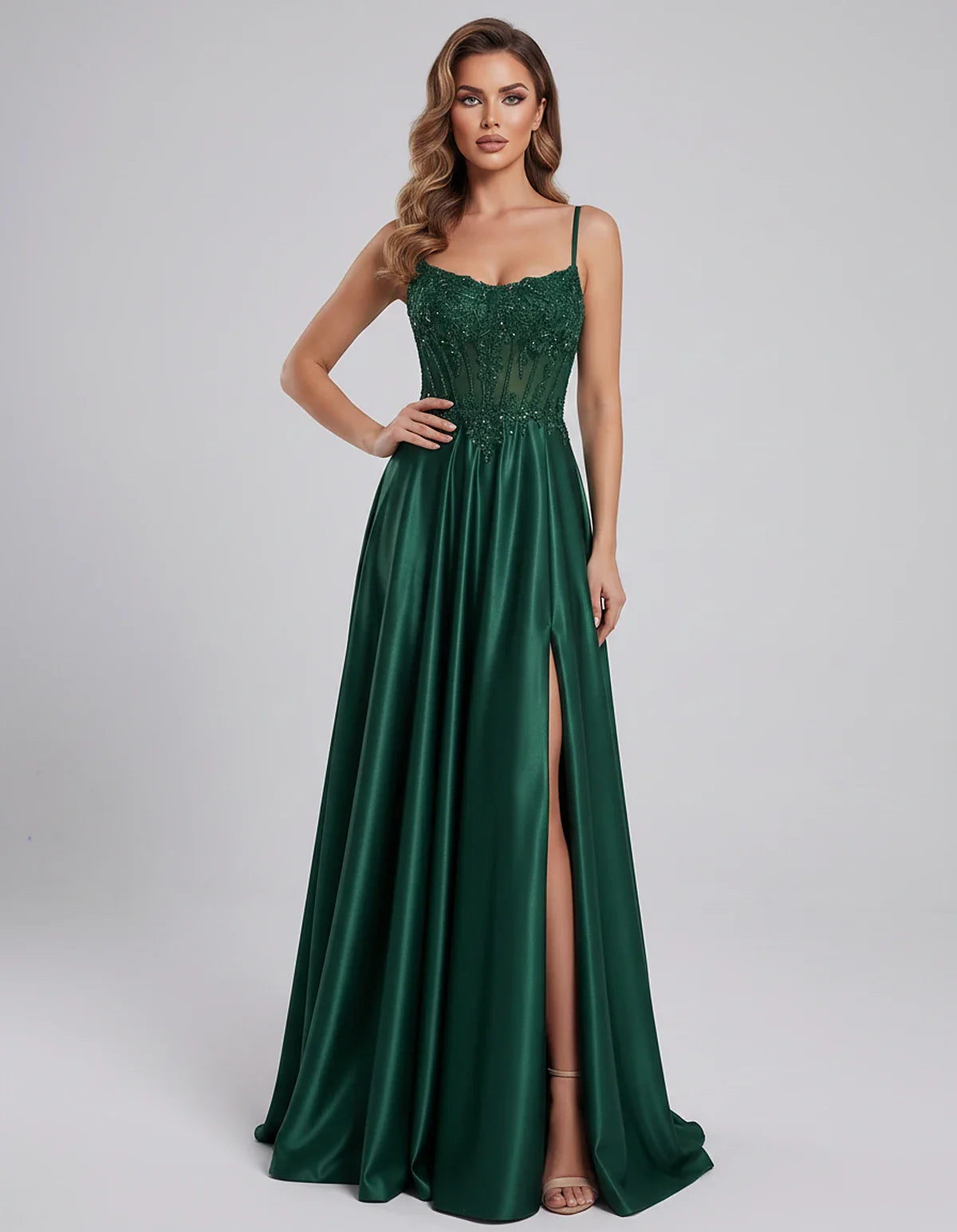 Satin Lace Applique Spaghetti Strap Sweetheart A-Line Maxi Dress for Party, Cocktail, Evening, Wedding Guest & Summer Events, | SKU: VMD-582741963852741-EMERALD-L,VMD-582741963852741-EMERALD-M,VMD-582741963852741-EMERALD-S,VMD-582741963852741-EMERALD-XL,VMD-582741963852741-EMERALD-XS