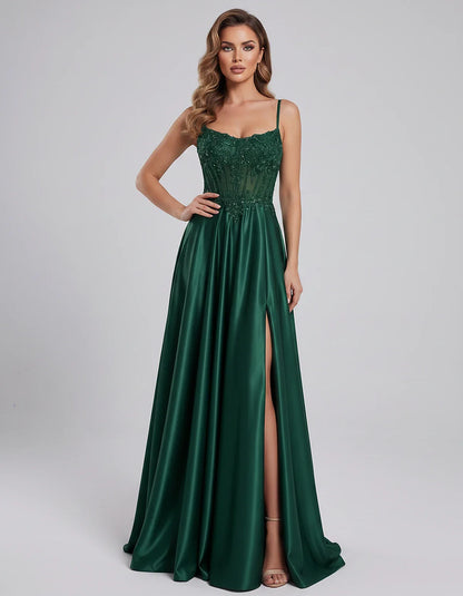 Satin Lace Applique Spaghetti Strap Sweetheart A-Line Maxi Dress for Party, Cocktail, Evening, Wedding Guest & Summer Events, | SKU: VMD-582741963852741-EMERALD-L,VMD-582741963852741-EMERALD-M,VMD-582741963852741-EMERALD-S,VMD-582741963852741-EMERALD-XL,VMD-582741963852741-EMERALD-XS