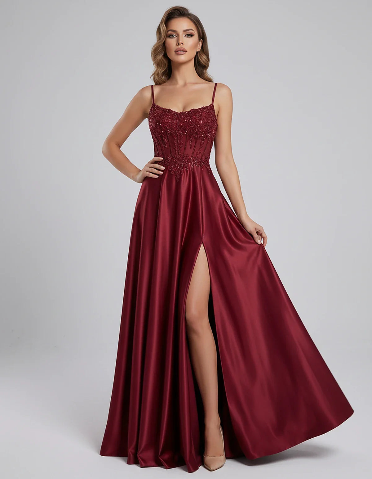 Satin Lace Applique Spaghetti Strap Sweetheart A-Line Maxi Dress for Party, Cocktail, Evening, Wedding Guest & Summer Events, | SKU: VMD-582741963852741-WINE-L,VMD-582741963852741-WINE-M,VMD-582741963852741-WINE-S,VMD-582741963852741-WINE-XL,VMD-582741963852741-WINE-XS