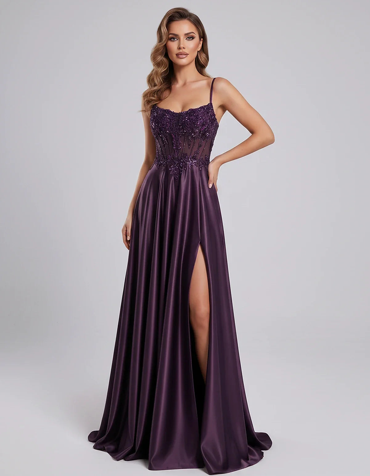 Satin Lace Applique Spaghetti Strap Sweetheart A-Line Maxi Dress for Party, Cocktail, Evening, Wedding Guest & Summer Events, | SKU: VMD-582741963852741-PLUM-L,VMD-582741963852741-PLUM-M,VMD-582741963852741-PLUM-S,VMD-582741963852741-PLUM-XL,VMD-582741963852741-PLUM-XS
