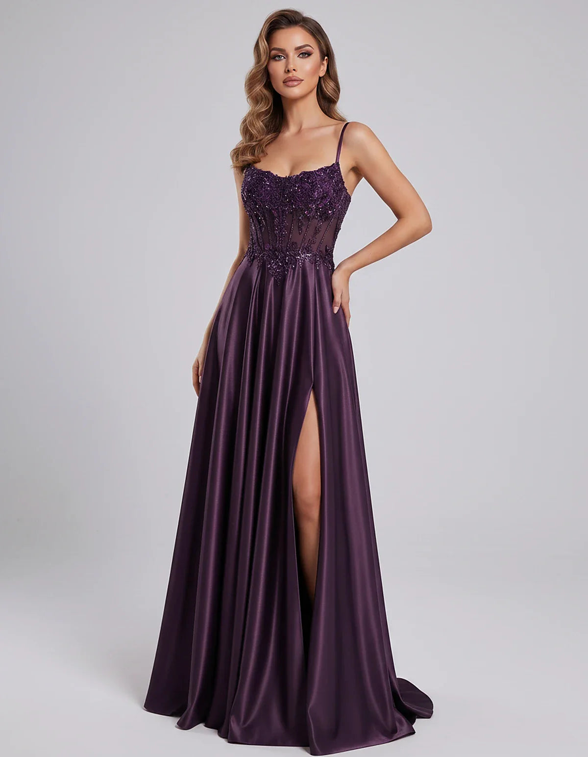 Satin Lace Applique Spaghetti Strap Sweetheart A-Line Maxi Dress for Party, Cocktail, Evening, Wedding Guest & Summer Events, | SKU: VMD-582741963852741-PLUM-L,VMD-582741963852741-PLUM-M,VMD-582741963852741-PLUM-S,VMD-582741963852741-PLUM-XL,VMD-582741963852741-PLUM-XS