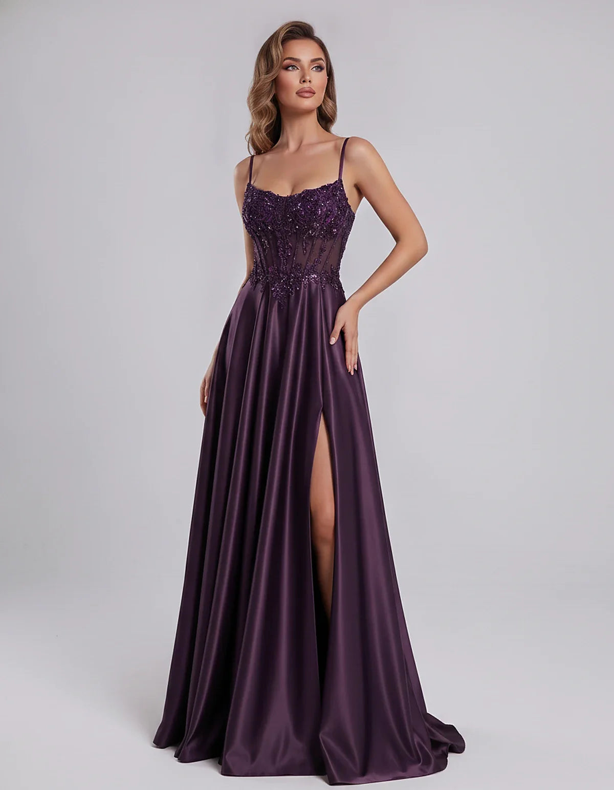 Satin Lace Applique Spaghetti Strap Sweetheart A-Line Maxi Dress for Party, Cocktail, Evening, Wedding Guest & Summer Events, | SKU: VMD-582741963852741-PLUM-L,VMD-582741963852741-PLUM-M,VMD-582741963852741-PLUM-S,VMD-582741963852741-PLUM-XL,VMD-582741963852741-PLUM-XS