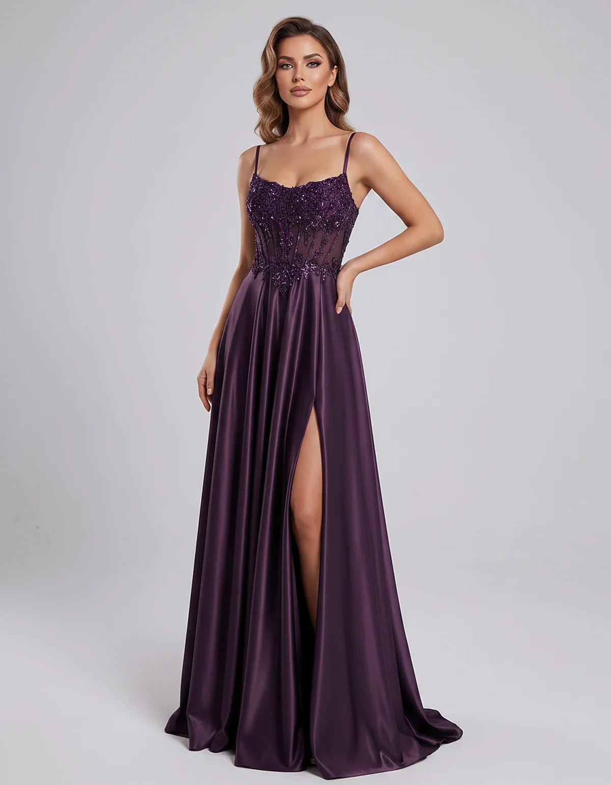 Satin Lace Applique Spaghetti Strap Sweetheart A-Line Maxi Dress for Party, Cocktail, Evening, Wedding Guest & Summer Events, | SKU: VMD-582741963852741-PLUM-L,VMD-582741963852741-PLUM-M,VMD-582741963852741-PLUM-S,VMD-582741963852741-PLUM-XL,VMD-582741963852741-PLUM-XS