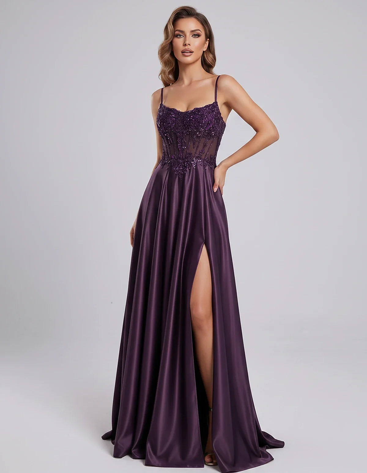 Satin Lace Applique Spaghetti Strap Sweetheart A-Line Maxi Dress for Party, Cocktail, Evening, Wedding Guest & Summer Events, | SKU: VMD-582741963852741-PLUM-L,VMD-582741963852741-PLUM-M,VMD-582741963852741-PLUM-S,VMD-582741963852741-PLUM-XL,VMD-582741963852741-PLUM-XS