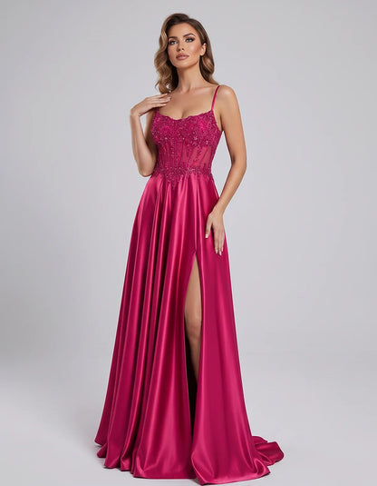 Satin Lace Applique Spaghetti Strap Sweetheart A-Line Maxi Dress for Party, Cocktail, Evening, Wedding Guest & Summer Events, | SKU: VMD-582741963852741-HOTPINK-L,VMD-582741963852741-HOTPINK-M,VMD-582741963852741-HOTPINK-S,VMD-582741963852741-HOTPINK-XL,VMD-582741963852741-HOTPINK-XS