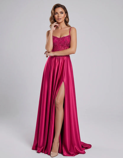 Satin Lace Applique Spaghetti Strap Sweetheart A-Line Maxi Dress for Party, Cocktail, Evening, Wedding Guest & Summer Events, | SKU: VMD-582741963852741-HOTPINK-L,VMD-582741963852741-HOTPINK-M,VMD-582741963852741-HOTPINK-S,VMD-582741963852741-HOTPINK-XL,VMD-582741963852741-HOTPINK-XS