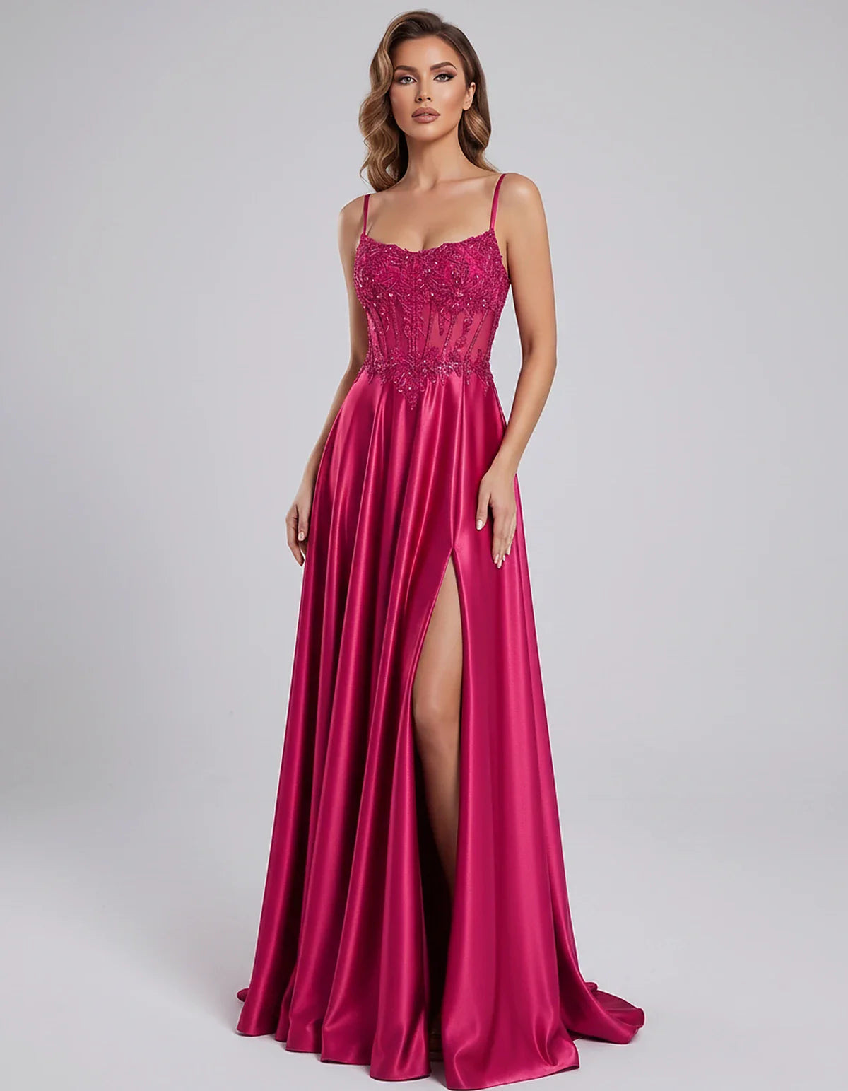 Satin Lace Applique Spaghetti Strap Sweetheart A-Line Maxi Dress for Party, Cocktail, Evening, Wedding Guest & Summer Events, | SKU: VMD-582741963852741-HOTPINK-L,VMD-582741963852741-HOTPINK-M,VMD-582741963852741-HOTPINK-S,VMD-582741963852741-HOTPINK-XL,VMD-582741963852741-HOTPINK-XS
