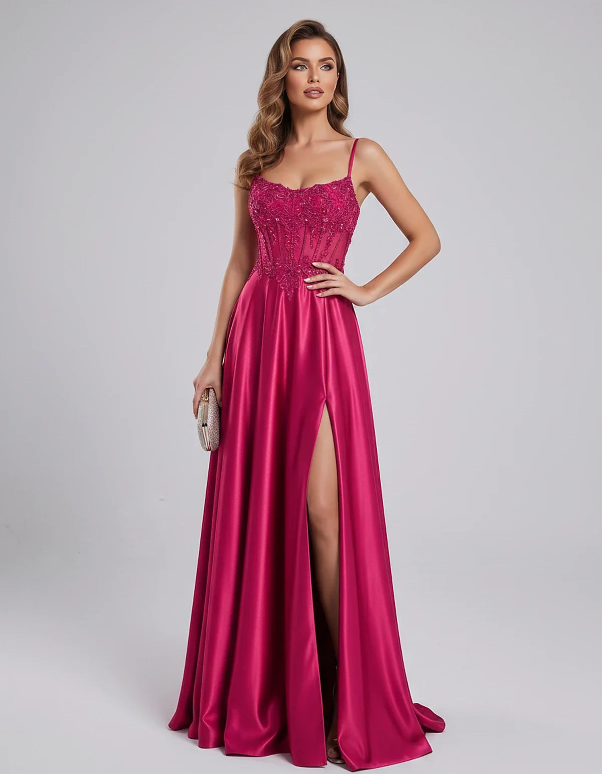 Satin Lace Applique Spaghetti Strap Sweetheart A-Line Maxi Dress for Party, Cocktail, Evening, Wedding Guest & Summer Events, | SKU: VMD-582741963852741-HOTPINK-L,VMD-582741963852741-HOTPINK-M,VMD-582741963852741-HOTPINK-S,VMD-582741963852741-HOTPINK-XL,VMD-582741963852741-HOTPINK-XS