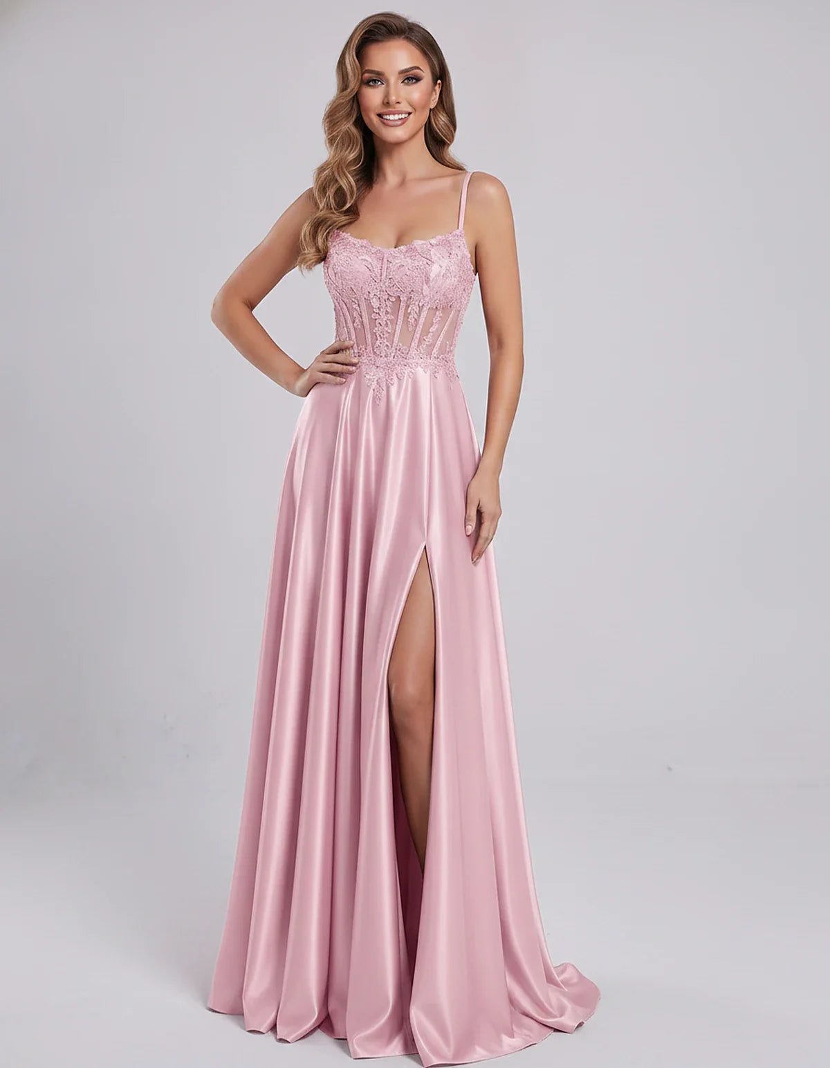 Satin Lace Applique Spaghetti Strap Sweetheart A-Line Maxi Dress for Party, Cocktail, Evening, Wedding Guest & Summer Events, | SKU: VMD-582741963852741-PINK-L,VMD-582741963852741-PINK-M,VMD-582741963852741-PINK-S,VMD-582741963852741-PINK-XL,VMD-582741963852741-PINK-XS