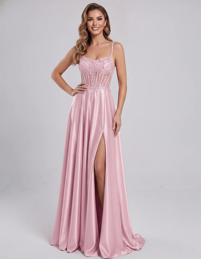 Satin Lace Applique Spaghetti Strap Sweetheart A-Line Maxi Dress for Party, Cocktail, Evening, Wedding Guest & Summer Events, | SKU: VMD-582741963852741-PINK-L,VMD-582741963852741-PINK-M,VMD-582741963852741-PINK-S,VMD-582741963852741-PINK-XL,VMD-582741963852741-PINK-XS