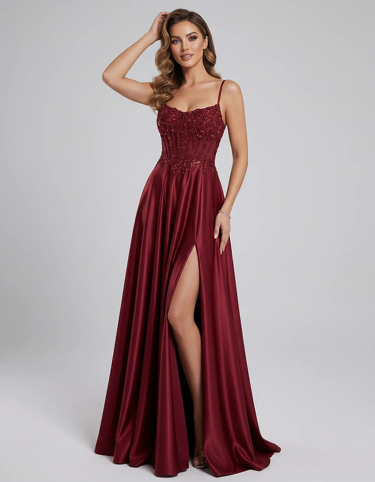 Satin Lace Applique Spaghetti Strap Sweetheart A-Line Maxi Dress for Party, Cocktail, Evening, Wedding Guest & Summer Events, | SKU: VMD-582741963852741-WINE-L,VMD-582741963852741-WINE-M,VMD-582741963852741-WINE-S,VMD-582741963852741-WINE-XL,VMD-582741963852741-WINE-XS