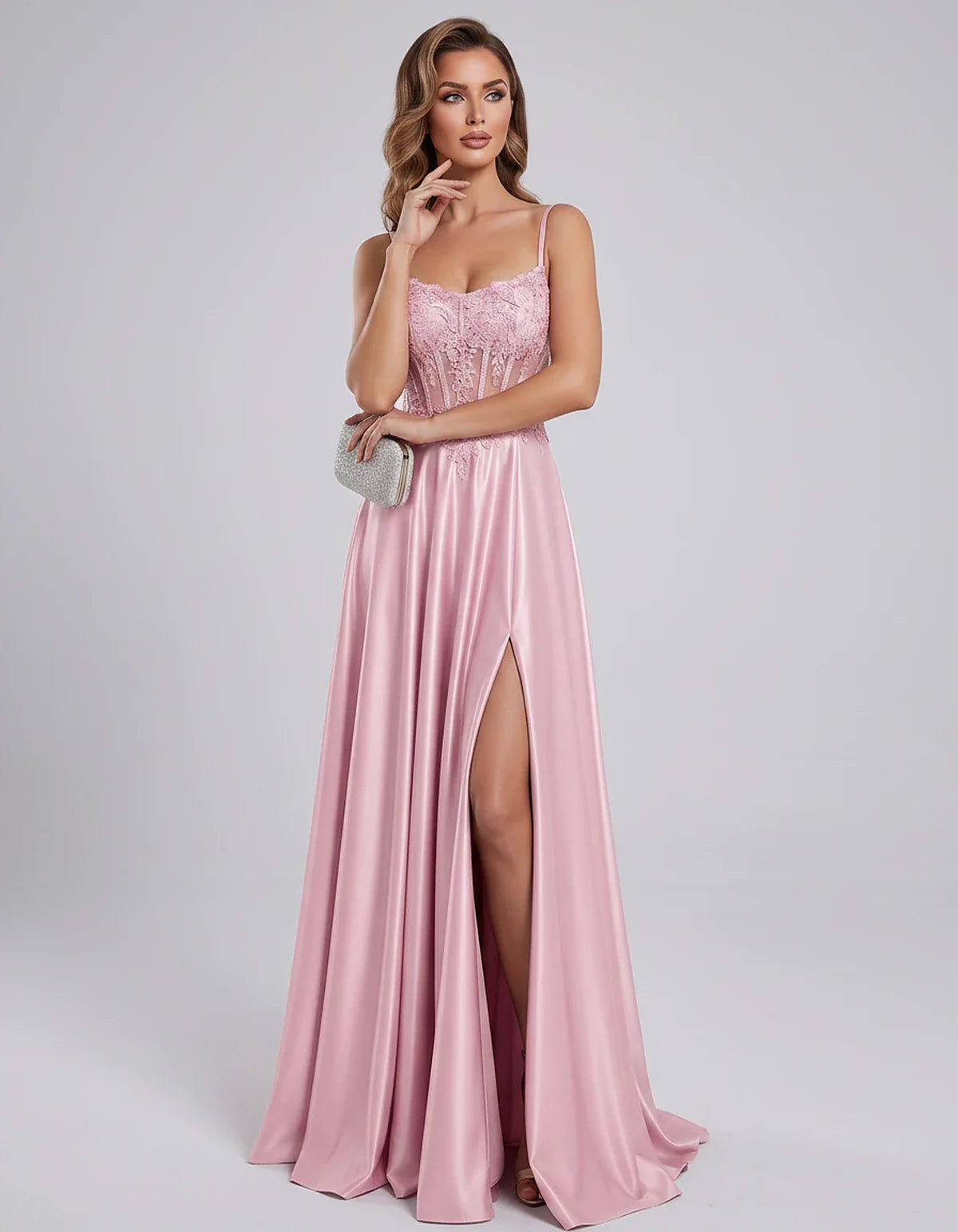 Satin Lace Applique Spaghetti Strap Sweetheart A-Line Maxi Dress for Party, Cocktail, Evening, Wedding Guest & Summer Events, | SKU: VMD-582741963852741-PINK-L,VMD-582741963852741-PINK-M,VMD-582741963852741-PINK-S,VMD-582741963852741-PINK-XL,VMD-582741963852741-PINK-XS