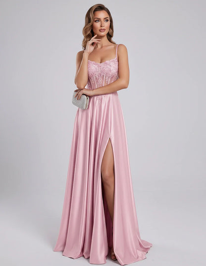Satin Lace Applique Spaghetti Strap Sweetheart A-Line Maxi Dress for Party, Cocktail, Evening, Wedding Guest & Summer Events, | SKU: VMD-582741963852741-PINK-L,VMD-582741963852741-PINK-M,VMD-582741963852741-PINK-S,VMD-582741963852741-PINK-XL,VMD-582741963852741-PINK-XS