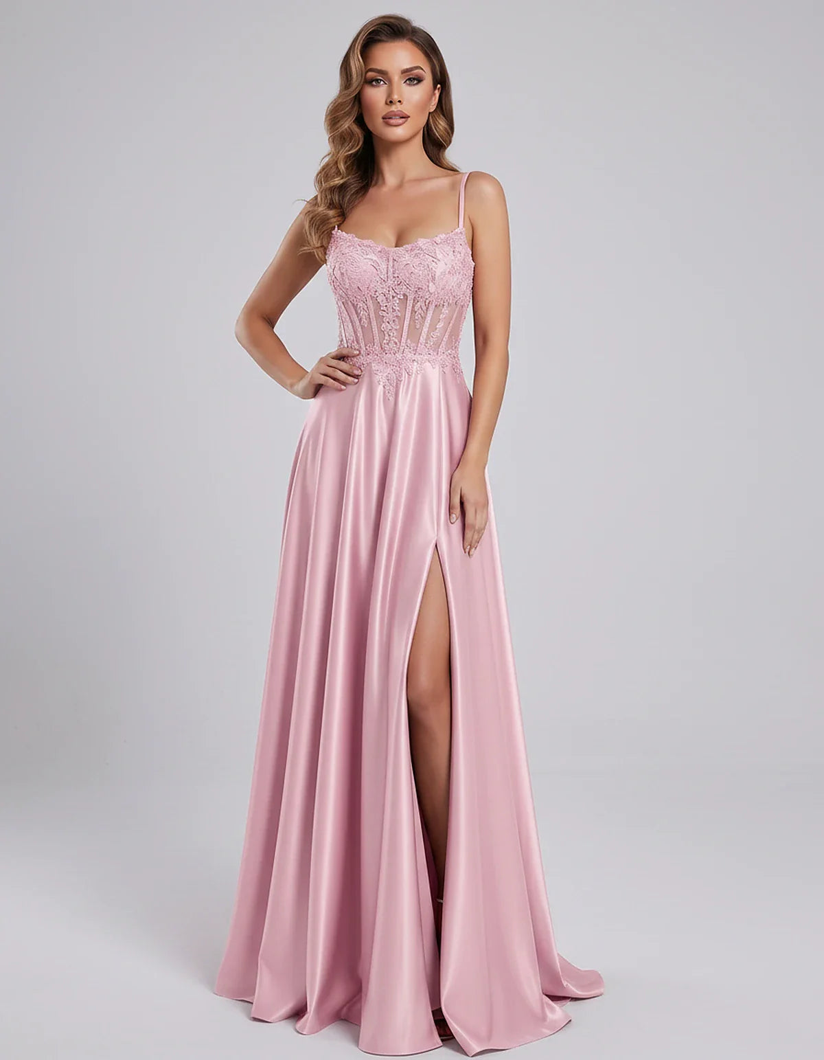 Satin Lace Applique Spaghetti Strap Sweetheart A-Line Maxi Dress for Party, Cocktail, Evening, Wedding Guest & Summer Events, | SKU: VMD-582741963852741-PINK-L,VMD-582741963852741-PINK-M,VMD-582741963852741-PINK-S,VMD-582741963852741-PINK-XL,VMD-582741963852741-PINK-XS