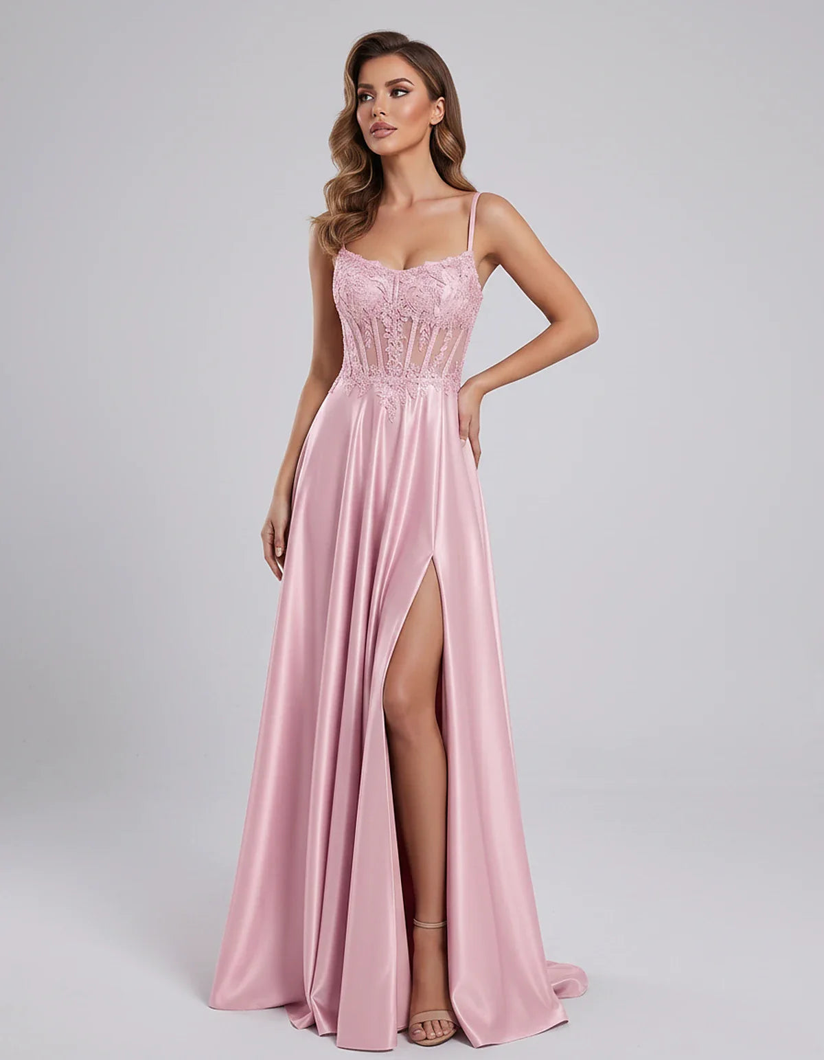 Satin Lace Applique Spaghetti Strap Sweetheart A-Line Maxi Dress for Party, Cocktail, Evening, Wedding Guest & Summer Events, | SKU: VMD-582741963852741-PINK-L,VMD-582741963852741-PINK-M,VMD-582741963852741-PINK-S,VMD-582741963852741-PINK-XL,VMD-582741963852741-PINK-XS
