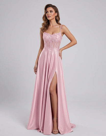 Satin Lace Applique Spaghetti Strap Sweetheart A-Line Maxi Dress for Party, Cocktail, Evening, Wedding Guest & Summer Events, | SKU: VMD-582741963852741-PINK-L,VMD-582741963852741-PINK-M,VMD-582741963852741-PINK-S,VMD-582741963852741-PINK-XL,VMD-582741963852741-PINK-XS