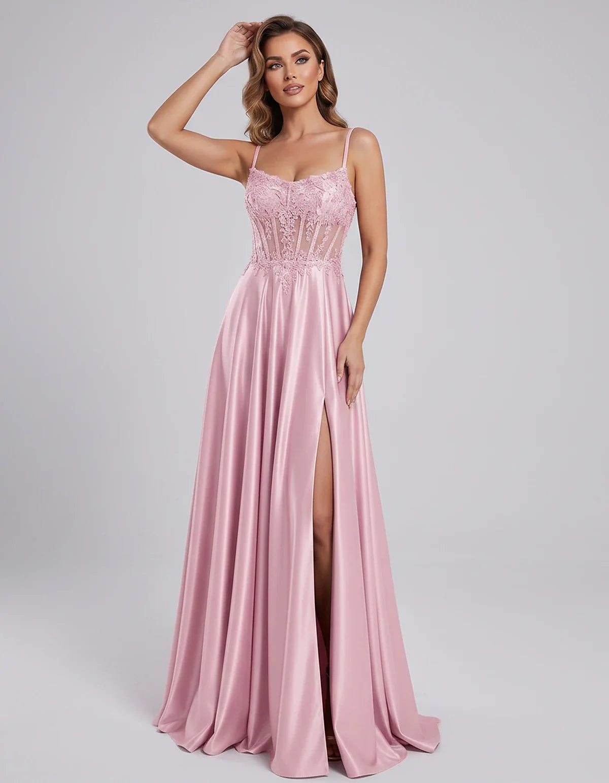 Satin Lace Applique Spaghetti Strap Sweetheart A-Line Maxi Dress for Party, Cocktail, Evening, Wedding Guest & Summer Events, | SKU: VMD-582741963852741-PINK-L,VMD-582741963852741-PINK-M,VMD-582741963852741-PINK-S,VMD-582741963852741-PINK-XL,VMD-582741963852741-PINK-XS