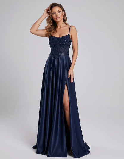 Satin Lace Applique Spaghetti Strap Sweetheart A-Line Maxi Dress for Party, Cocktail, Evening, Wedding Guest & Summer Events, | SKU: VMD-582741963852741-NAVY-L,VMD-582741963852741-NAVY-M,VMD-582741963852741-NAVY-S,VMD-582741963852741-NAVY-XL,VMD-582741963852741-NAVY-XS