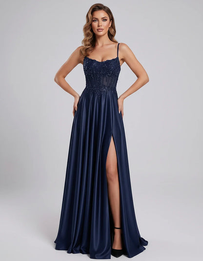Satin Lace Applique Spaghetti Strap Sweetheart A-Line Maxi Dress for Party, Cocktail, Evening, Wedding Guest & Summer Events, | SKU: VMD-582741963852741-NAVY-L,VMD-582741963852741-NAVY-M,VMD-582741963852741-NAVY-S,VMD-582741963852741-NAVY-XL,VMD-582741963852741-NAVY-XS