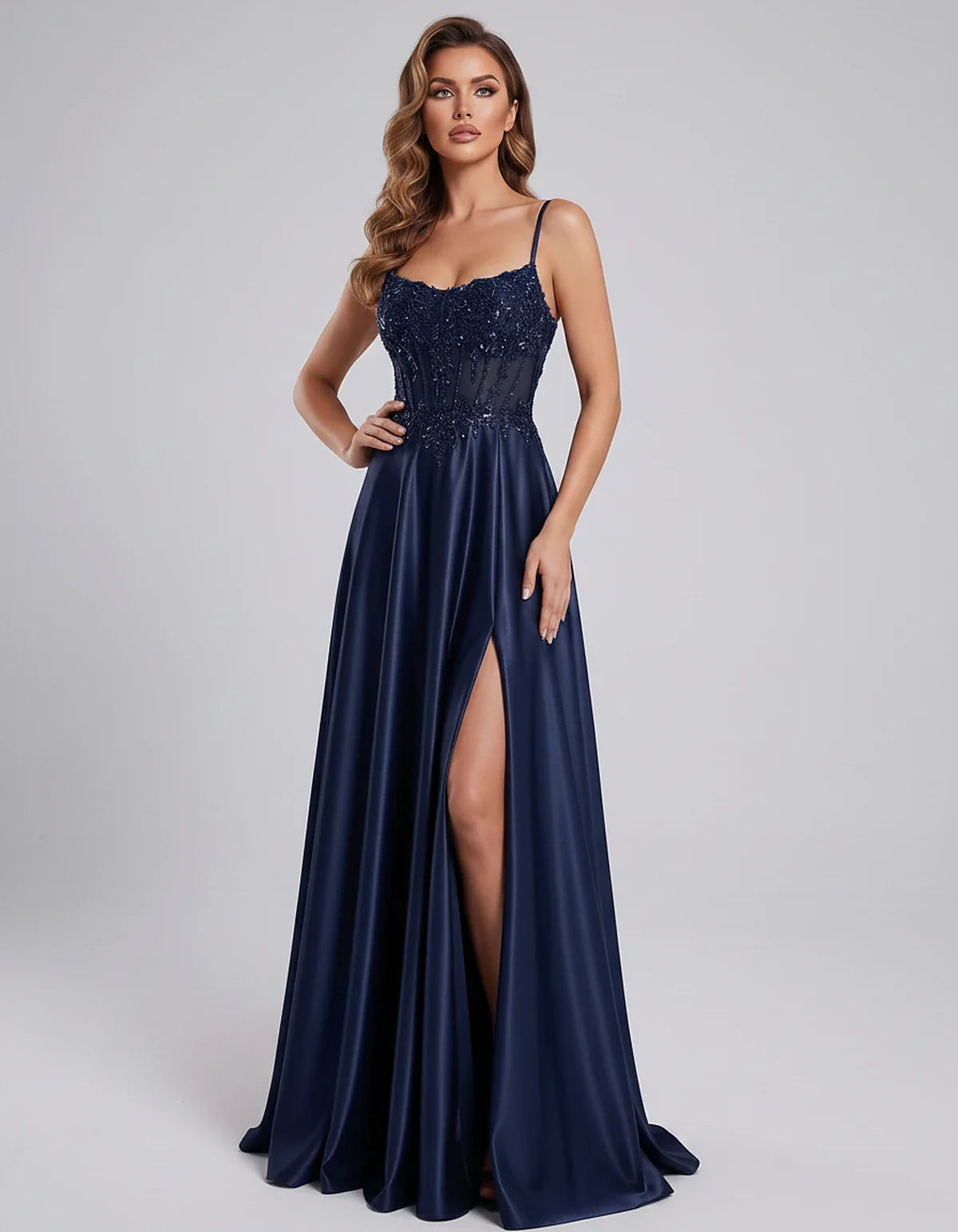 Satin Lace Applique Spaghetti Strap Sweetheart A-Line Maxi Dress for Party, Cocktail, Evening, Wedding Guest & Summer Events, | SKU: VMD-582741963852741-NAVY-L,VMD-582741963852741-NAVY-M,VMD-582741963852741-NAVY-S,VMD-582741963852741-NAVY-XL,VMD-582741963852741-NAVY-XS