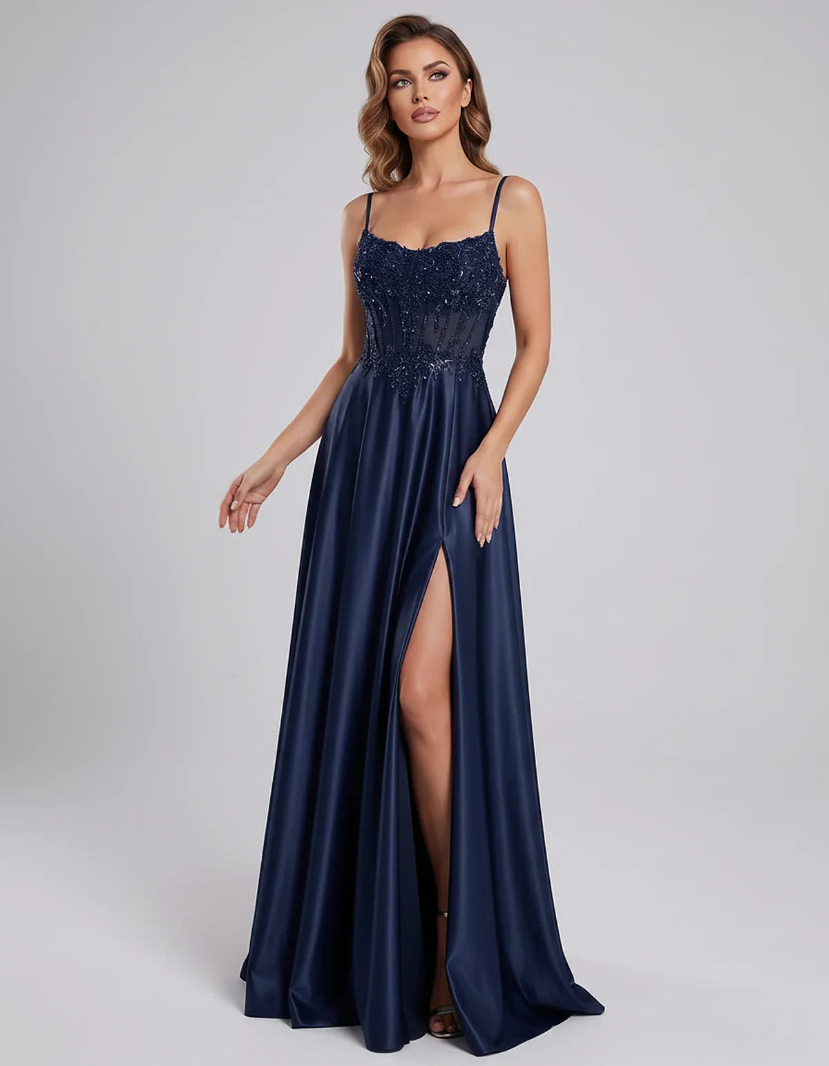 Satin Lace Applique Spaghetti Strap Sweetheart A-Line Maxi Dress for Party, Cocktail, Evening, Wedding Guest & Summer Events, | SKU: VMD-582741963852741-NAVY-L,VMD-582741963852741-NAVY-M,VMD-582741963852741-NAVY-S,VMD-582741963852741-NAVY-XL,VMD-582741963852741-NAVY-XS