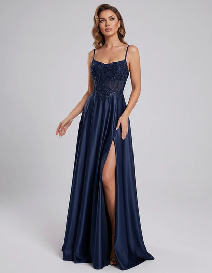 Satin Lace Applique Spaghetti Strap Sweetheart A-Line Maxi Dress for Party, Cocktail, Evening, Wedding Guest & Summer Events, | SKU: VMD-582741963852741-NAVY-L,VMD-582741963852741-NAVY-M,VMD-582741963852741-NAVY-S,VMD-582741963852741-NAVY-XL,VMD-582741963852741-NAVY-XS