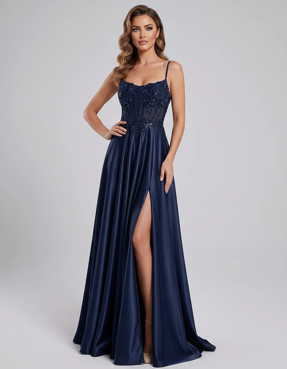 Satin Lace Applique Spaghetti Strap Sweetheart A-Line Maxi Dress for Party, Cocktail, Evening, Wedding Guest & Summer Events, | SKU: VMD-582741963852741-NAVY-L,VMD-582741963852741-NAVY-M,VMD-582741963852741-NAVY-S,VMD-582741963852741-NAVY-XL,VMD-582741963852741-NAVY-XS
