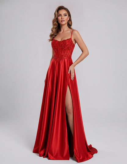 Satin Lace Applique Spaghetti Strap Sweetheart A-Line Maxi Dress for Party, Cocktail, Evening, Wedding Guest & Summer Events, | SKU: VMD-582741963852741-RED-L,VMD-582741963852741-RED-M,VMD-582741963852741-RED-S,VMD-582741963852741-RED-XL,VMD-582741963852741-RED-XS