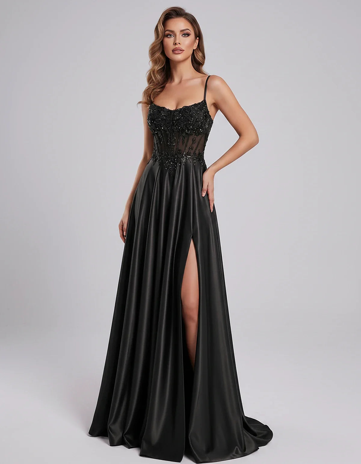 Satin Lace Applique Spaghetti Strap Sweetheart A-Line Maxi Dress for Party, Cocktail, Evening, Wedding Guest & Summer Events, | SKU: VMD-582741963852741-BLACK-L,VMD-582741963852741-BLACK-M,VMD-582741963852741-BLACK-S,VMD-582741963852741-BLACK-XL,VMD-582741963852741-BLACK-XS