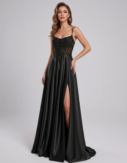 Satin Lace Applique Spaghetti Strap Sweetheart A-Line Maxi Dress for Party, Cocktail, Evening, Wedding Guest & Summer Events, | SKU: VMD-582741963852741-BLACK-L,VMD-582741963852741-BLACK-M,VMD-582741963852741-BLACK-S,VMD-582741963852741-BLACK-XL,VMD-582741963852741-BLACK-XS