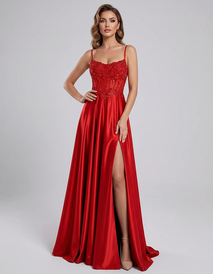 Satin Lace Applique Spaghetti Strap Sweetheart A-Line Maxi Dress for Party, Cocktail, Evening, Wedding Guest & Summer Events, | SKU: VMD-582741963852741-RED-L,VMD-582741963852741-RED-M,VMD-582741963852741-RED-S,VMD-582741963852741-RED-XL,VMD-582741963852741-RED-XS