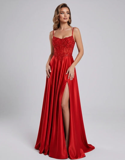 Satin Lace Applique Spaghetti Strap Sweetheart A-Line Maxi Dress for Party, Cocktail, Evening, Wedding Guest & Summer Events, | SKU: VMD-582741963852741-RED-L,VMD-582741963852741-RED-M,VMD-582741963852741-RED-S,VMD-582741963852741-RED-XL,VMD-582741963852741-RED-XS