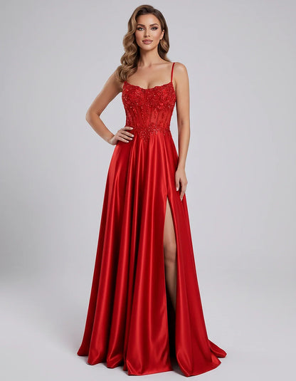 Satin Lace Applique Spaghetti Strap Sweetheart A-Line Maxi Dress for Party, Cocktail, Evening, Wedding Guest & Summer Events, | SKU: VMD-582741963852741-RED-L,VMD-582741963852741-RED-M,VMD-582741963852741-RED-S,VMD-582741963852741-RED-XL,VMD-582741963852741-RED-XS