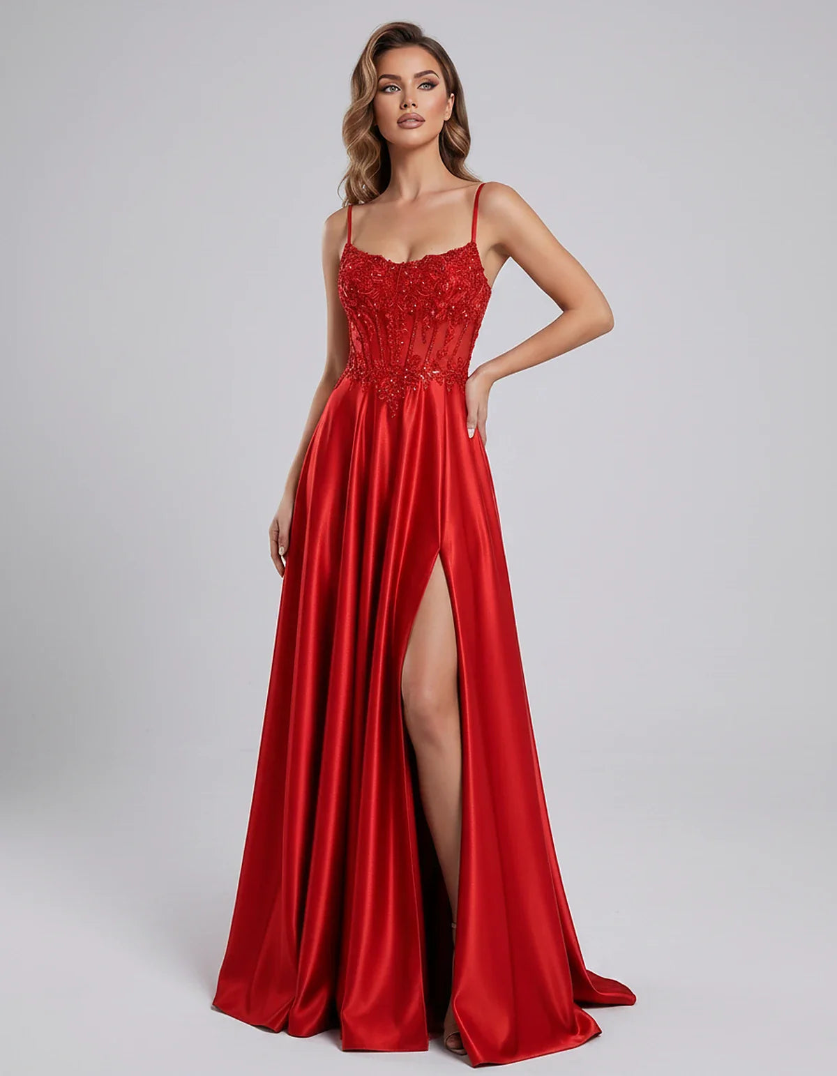 Satin Lace Applique Spaghetti Strap Sweetheart A-Line Maxi Dress for Party, Cocktail, Evening, Wedding Guest & Summer Events, | SKU: VMD-582741963852741-RED-L,VMD-582741963852741-RED-M,VMD-582741963852741-RED-S,VMD-582741963852741-RED-XL,VMD-582741963852741-RED-XS