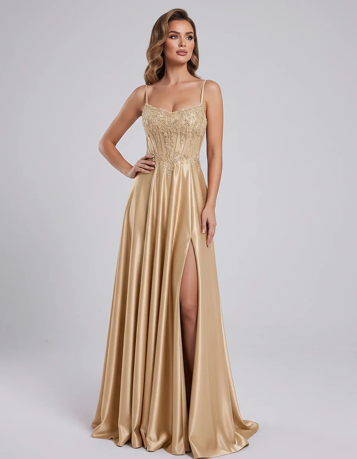 Satin Lace Applique Spaghetti Strap Sweetheart A-Line Maxi Dress for Party, Cocktail, Evening, Wedding Guest & Summer Events, | SKU: VMD-582741963852741-CHAMPAGNE-L,VMD-582741963852741-CHAMPAGNE-M,VMD-582741963852741-CHAMPAGNE-S,VMD-582741963852741-CHAMPAGNE-XL,VMD-582741963852741-CHAMPAGNE-XS