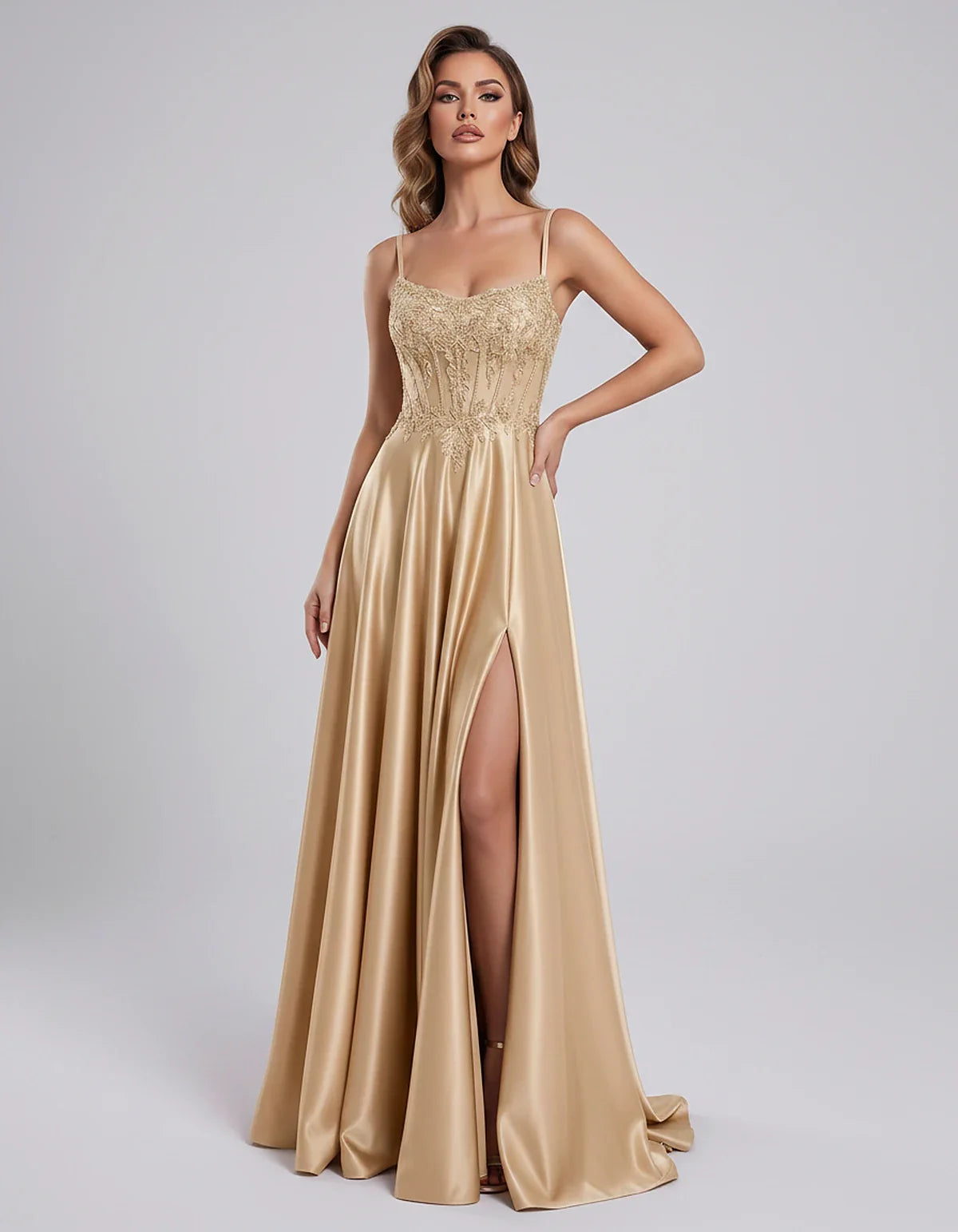 Satin Lace Applique Spaghetti Strap Sweetheart A-Line Maxi Dress for Party, Cocktail, Evening, Wedding Guest & Summer Events, | SKU: VMD-582741963852741-CHAMPAGNE-L,VMD-582741963852741-CHAMPAGNE-M,VMD-582741963852741-CHAMPAGNE-S,VMD-582741963852741-CHAMPAGNE-XL,VMD-582741963852741-CHAMPAGNE-XS