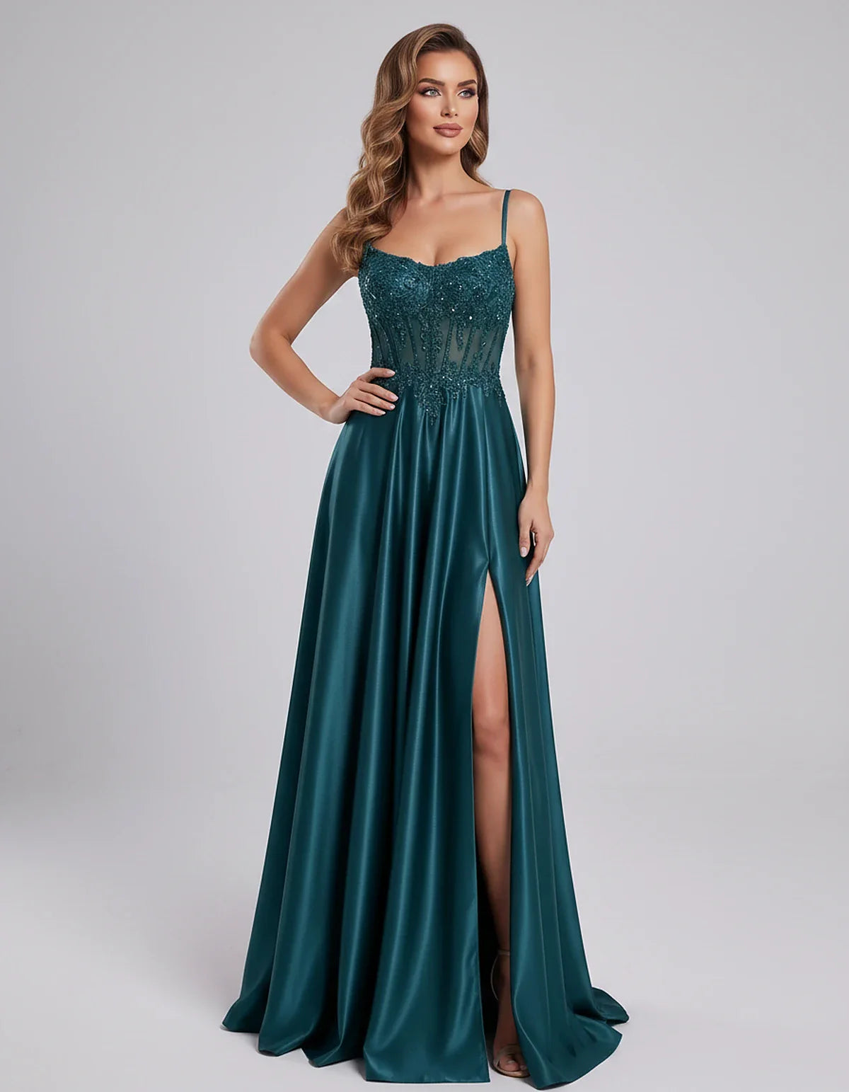 Satin Lace Applique Spaghetti Strap Sweetheart A-Line Maxi Dress for Party, Cocktail, Evening, Wedding Guest & Summer Events, | SKU: VMD-582741963852741-TEAL-L,VMD-582741963852741-TEAL-M,VMD-582741963852741-TEAL-S,VMD-582741963852741-TEAL-XL,VMD-582741963852741-TEAL-XS