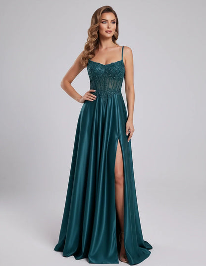Satin Lace Applique Spaghetti Strap Sweetheart A-Line Maxi Dress for Party, Cocktail, Evening, Wedding Guest & Summer Events, | SKU: VMD-582741963852741-TEAL-L,VMD-582741963852741-TEAL-M,VMD-582741963852741-TEAL-S,VMD-582741963852741-TEAL-XL,VMD-582741963852741-TEAL-XS