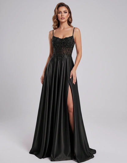 Satin Lace Applique Spaghetti Strap Sweetheart A-Line Maxi Dress for Party, Cocktail, Evening, Wedding Guest & Summer Events, | SKU: VMD-582741963852741-BLACK-L,VMD-582741963852741-BLACK-M,VMD-582741963852741-BLACK-S,VMD-582741963852741-BLACK-XL,VMD-582741963852741-BLACK-XS
