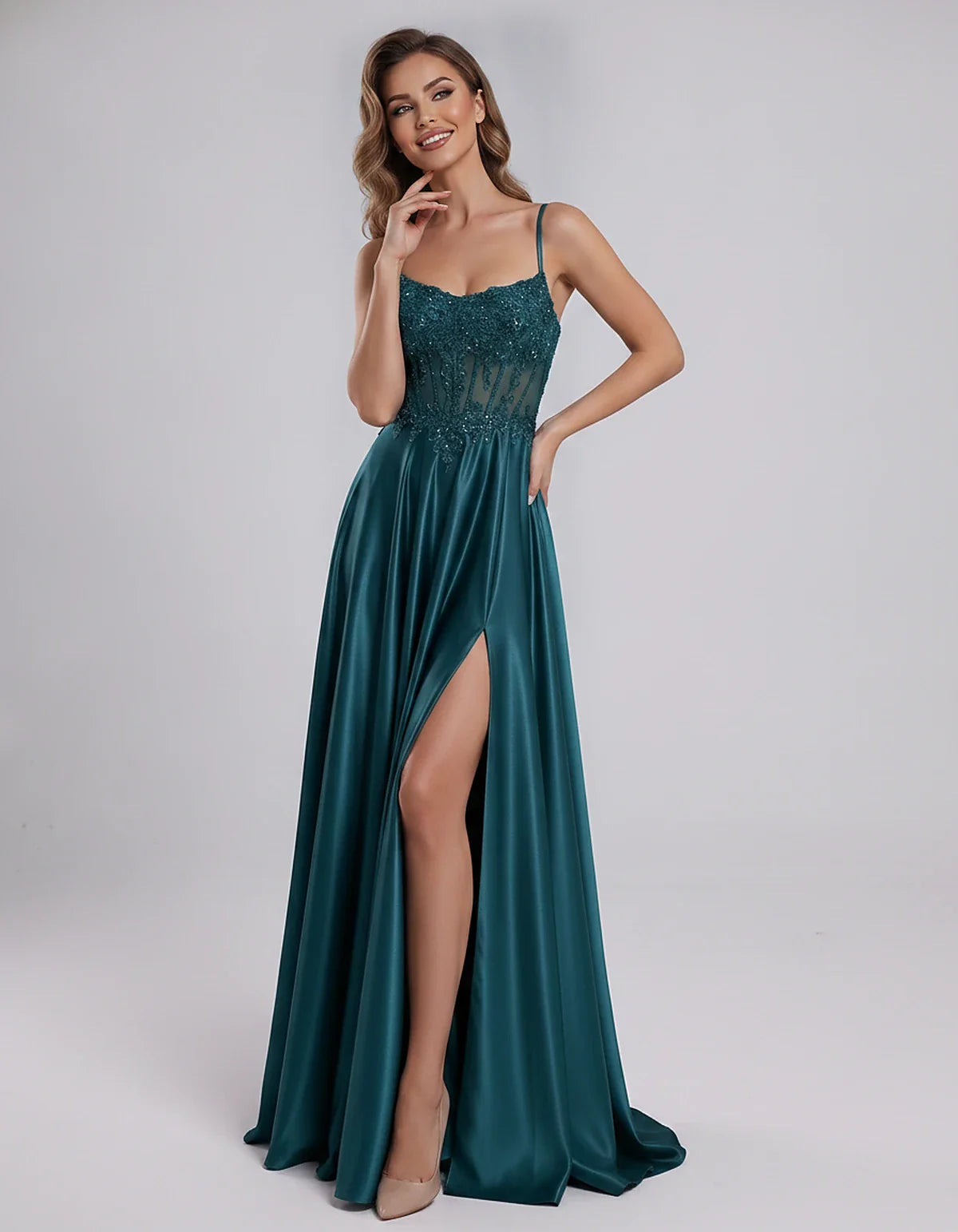 Satin Lace Applique Spaghetti Strap Sweetheart A-Line Maxi Dress for Party, Cocktail, Evening, Wedding Guest & Summer Events, | SKU: VMD-582741963852741-TEAL-L,VMD-582741963852741-TEAL-M,VMD-582741963852741-TEAL-S,VMD-582741963852741-TEAL-XL,VMD-582741963852741-TEAL-XS