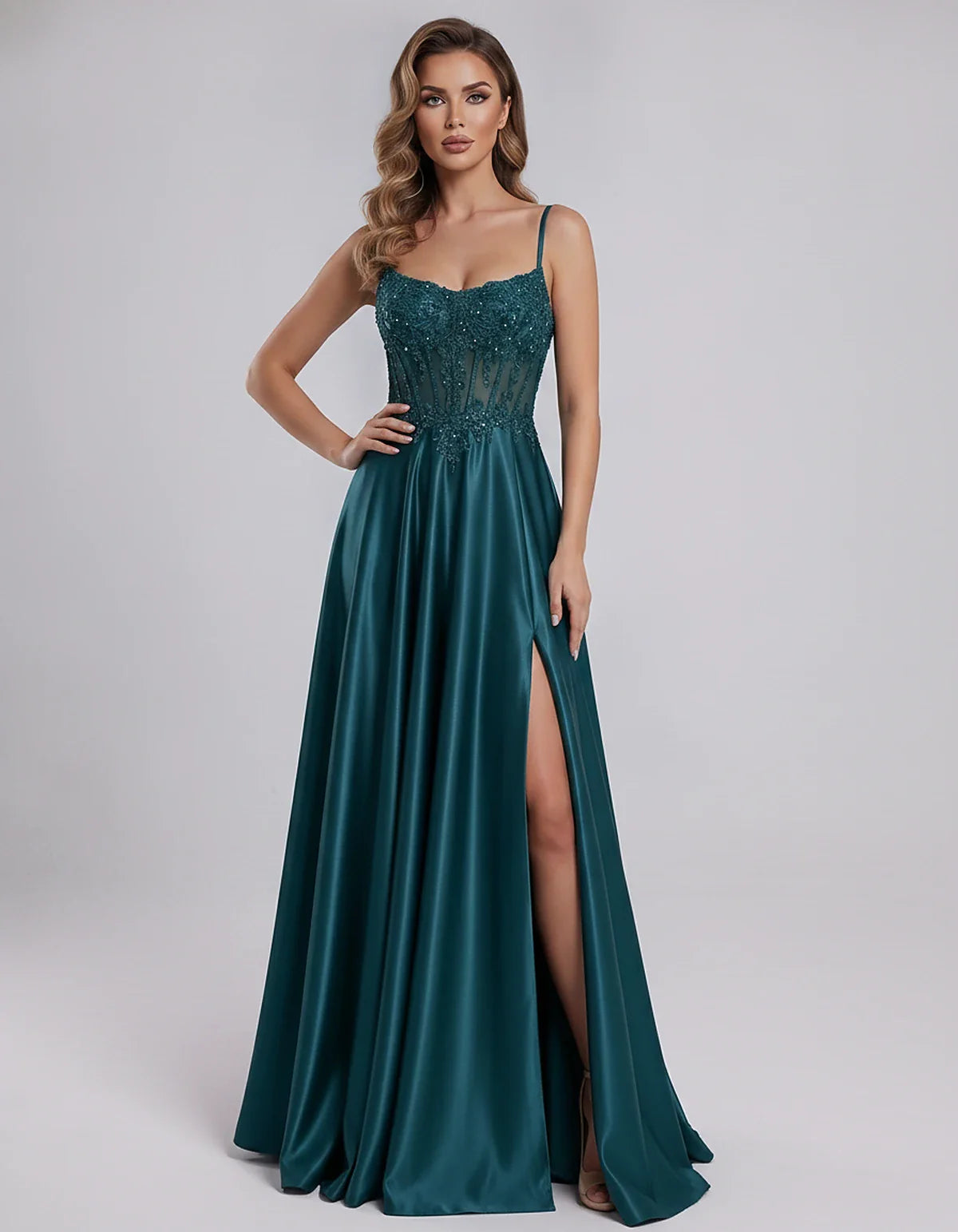 Satin Lace Applique Spaghetti Strap Sweetheart A-Line Maxi Dress for Party, Cocktail, Evening, Wedding Guest & Summer Events, | SKU: VMD-582741963852741-TEAL-L,VMD-582741963852741-TEAL-M,VMD-582741963852741-TEAL-S,VMD-582741963852741-TEAL-XL,VMD-582741963852741-TEAL-XS