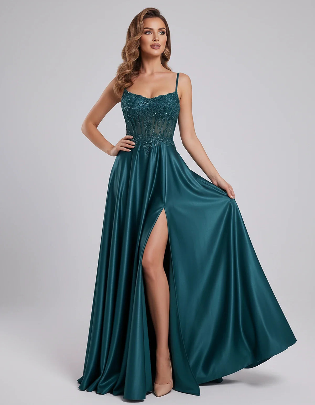 Satin Lace Applique Spaghetti Strap Sweetheart A-Line Maxi Dress for Party, Cocktail, Evening, Wedding Guest & Summer Events, | SKU: VMD-582741963852741-TEAL-L,VMD-582741963852741-TEAL-M,VMD-582741963852741-TEAL-S,VMD-582741963852741-TEAL-XL,VMD-582741963852741-TEAL-XS