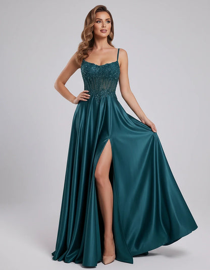 Satin Lace Applique Spaghetti Strap Sweetheart A-Line Maxi Dress for Party, Cocktail, Evening, Wedding Guest & Summer Events, | SKU: VMD-582741963852741-TEAL-L,VMD-582741963852741-TEAL-M,VMD-582741963852741-TEAL-S,VMD-582741963852741-TEAL-XL,VMD-582741963852741-TEAL-XS